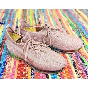 The Fashion Supply Womens 9 Rainbow Sole Fashion Sneaker Knit Shoe Pink EUC